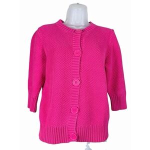 L.L.Bean Women's Cardigan Sweater Medium Hot Pink Button‎ Cotton Chunky Cable